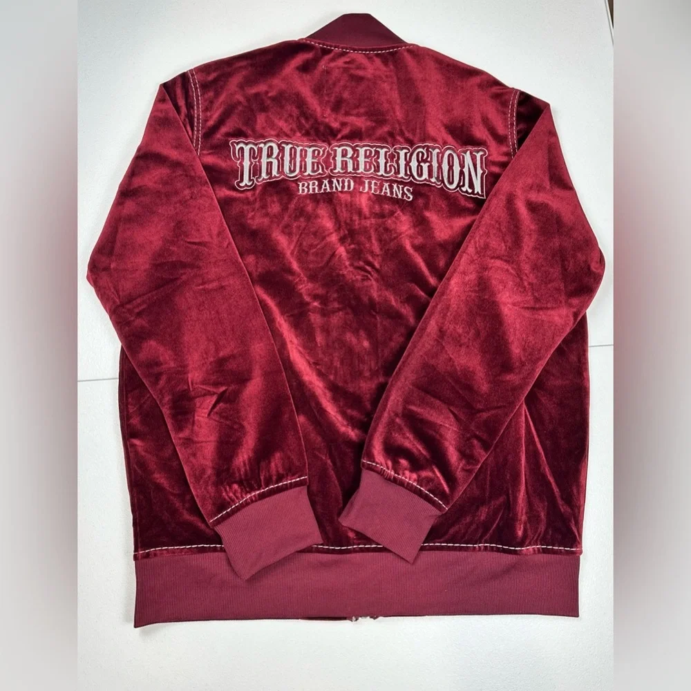 True Religion Jacket Mens XS Burgundy Velvet Big T Mock Zip Up Broadway Gunmetal